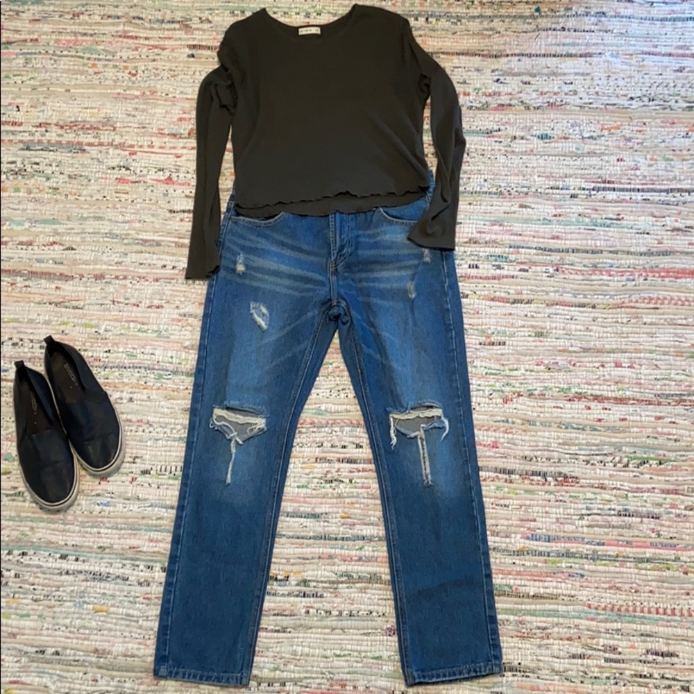 Distressed dark wash jeans